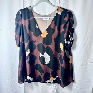 Adrienne Large Blouse Modern Abstract Pattern Work Casual Short Ruching Sleeves